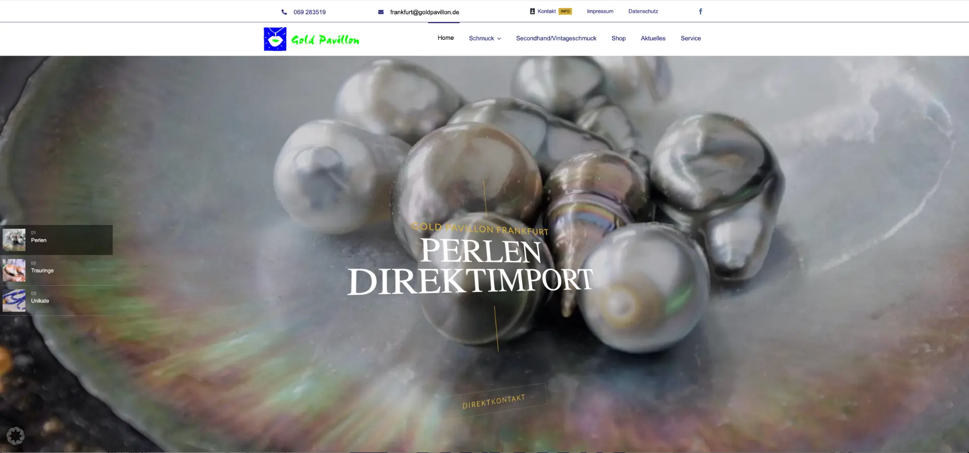 Startseite der Website des Gold Pavillon Frankfurt