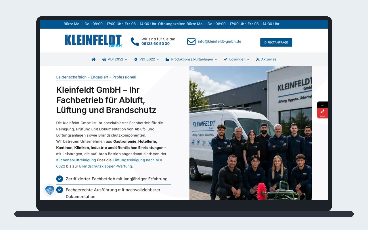 Referenz: Die relaunchte Website der Kleinfeldt GmbH auf einem Laptop-Bildschirm