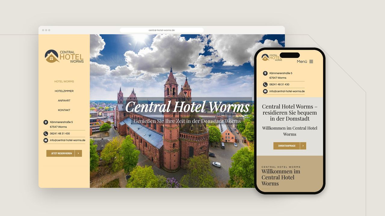 Website Central Hotel Worms im Browser und auf dem Smartphone