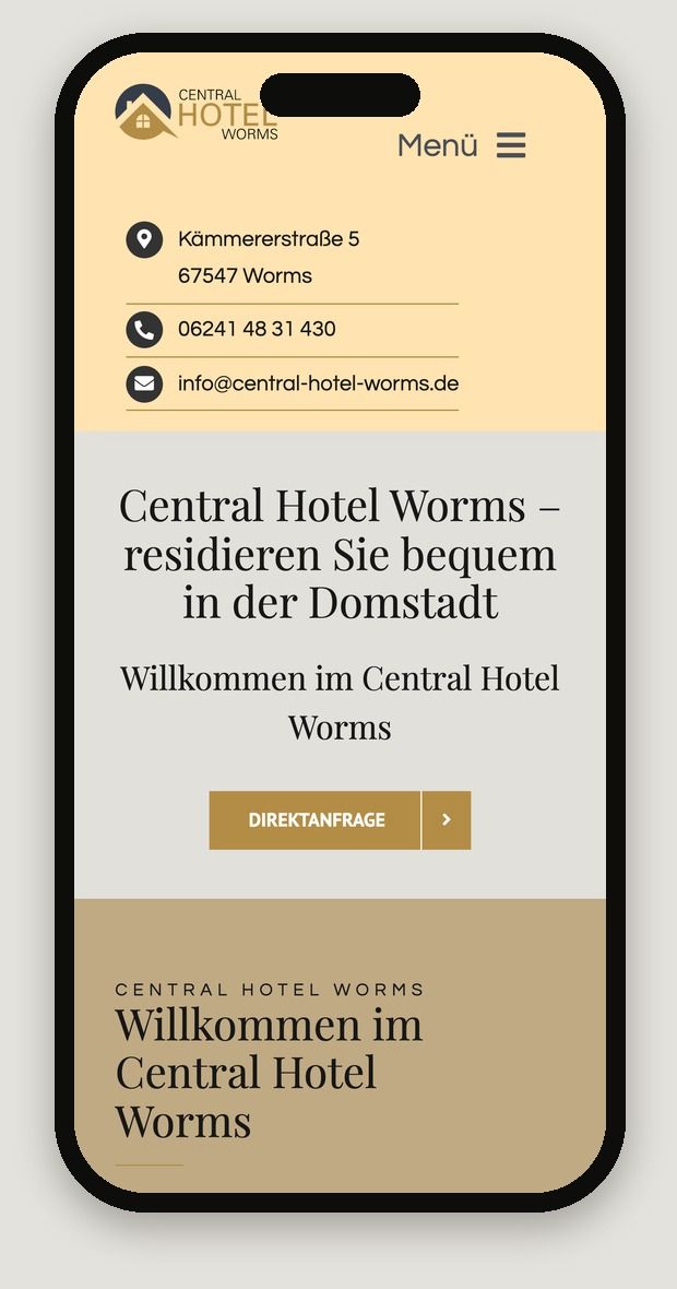 Smartphone-Ansicht der Website Central Hotel Worms