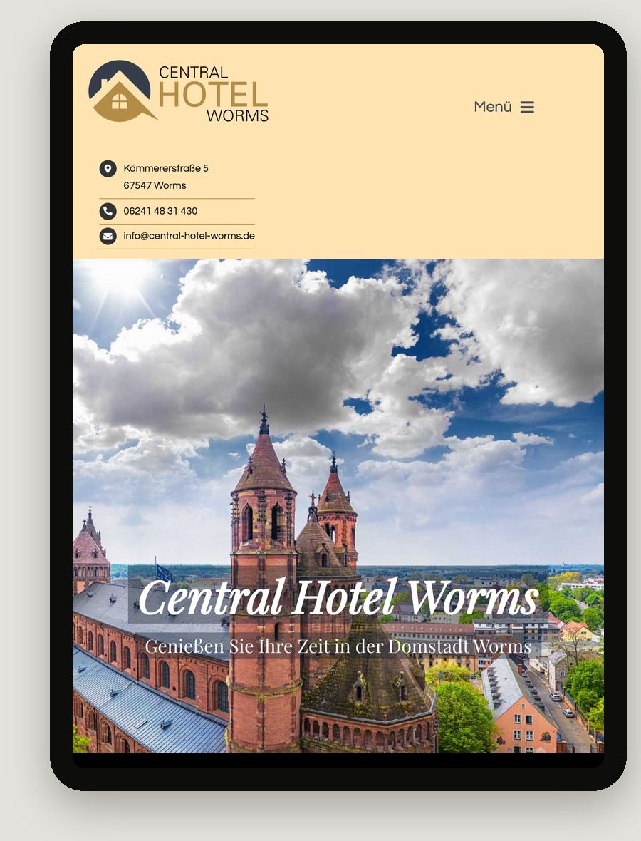 Tablet-Ansicht der Website Central Hotel Worms