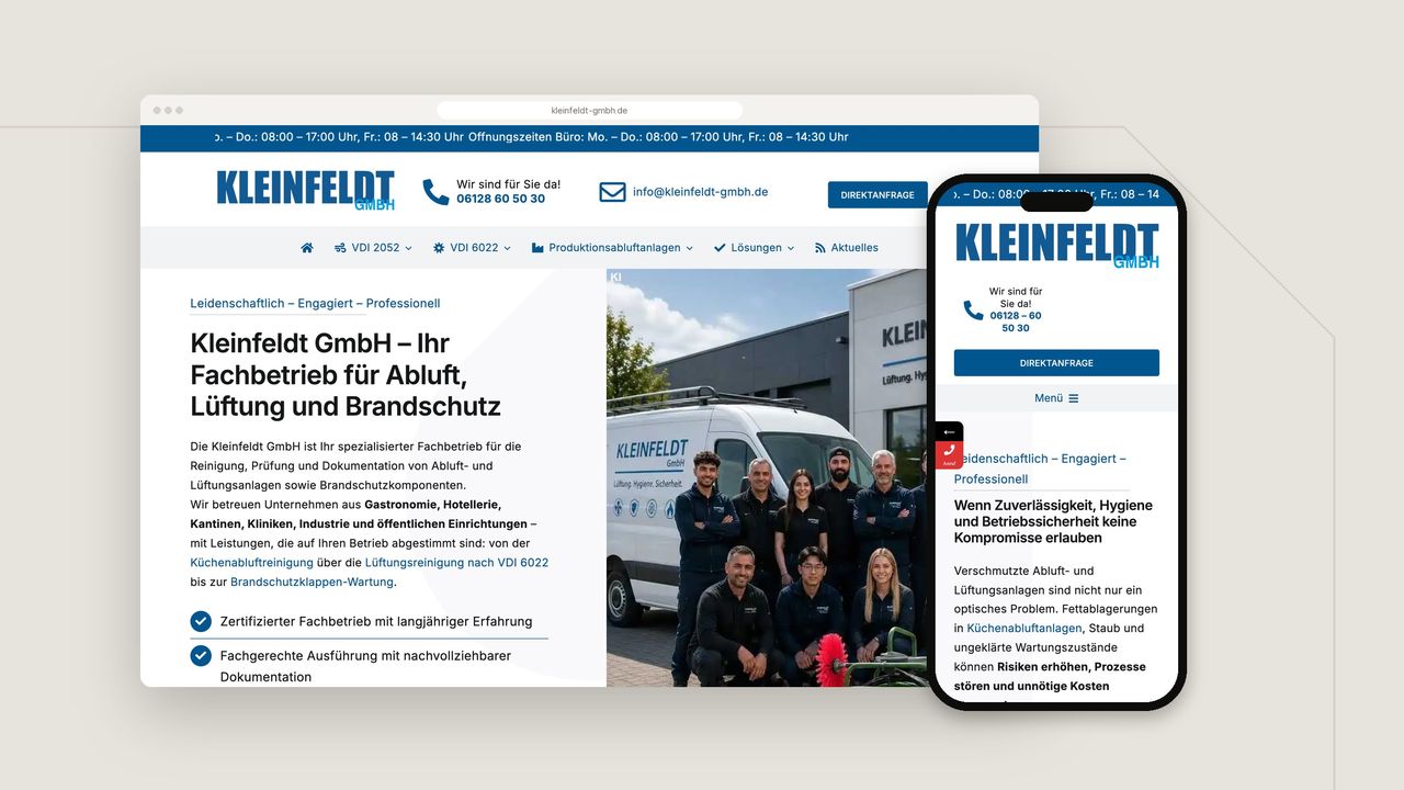 Website Kleinfeldt GmbH im Browser und auf dem Smartphone