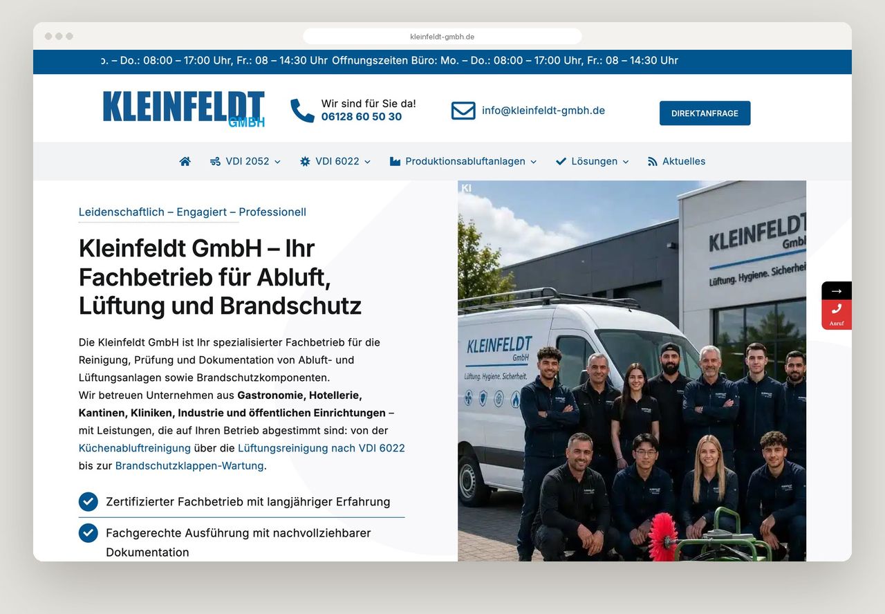 Desktop-Ansicht der Website Kleinfeldt GmbH