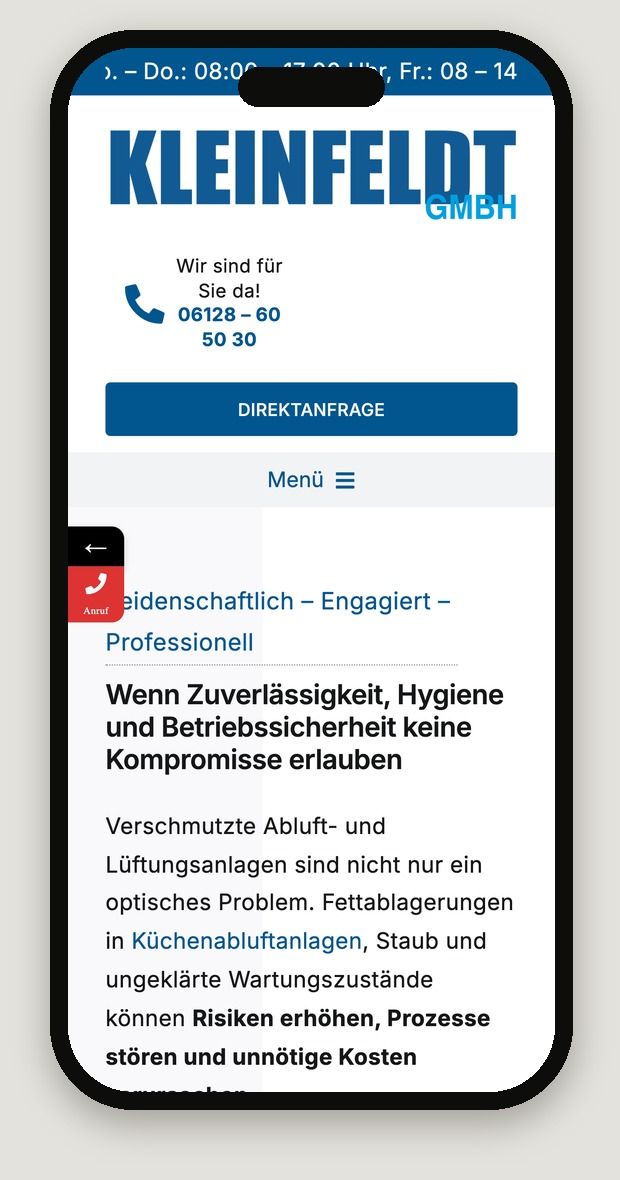 Smartphone-Ansicht der Website Kleinfeldt GmbH