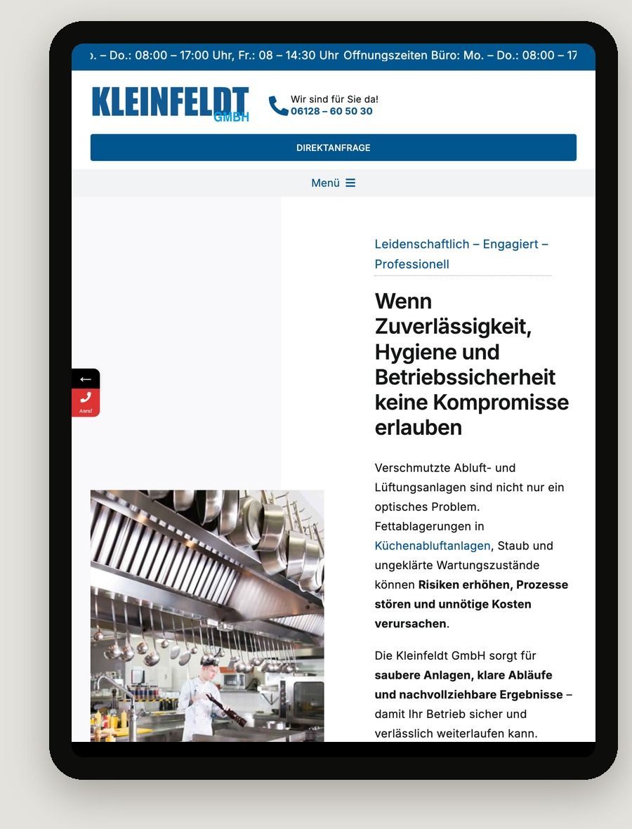 Tablet-Ansicht der Website Kleinfeldt GmbH