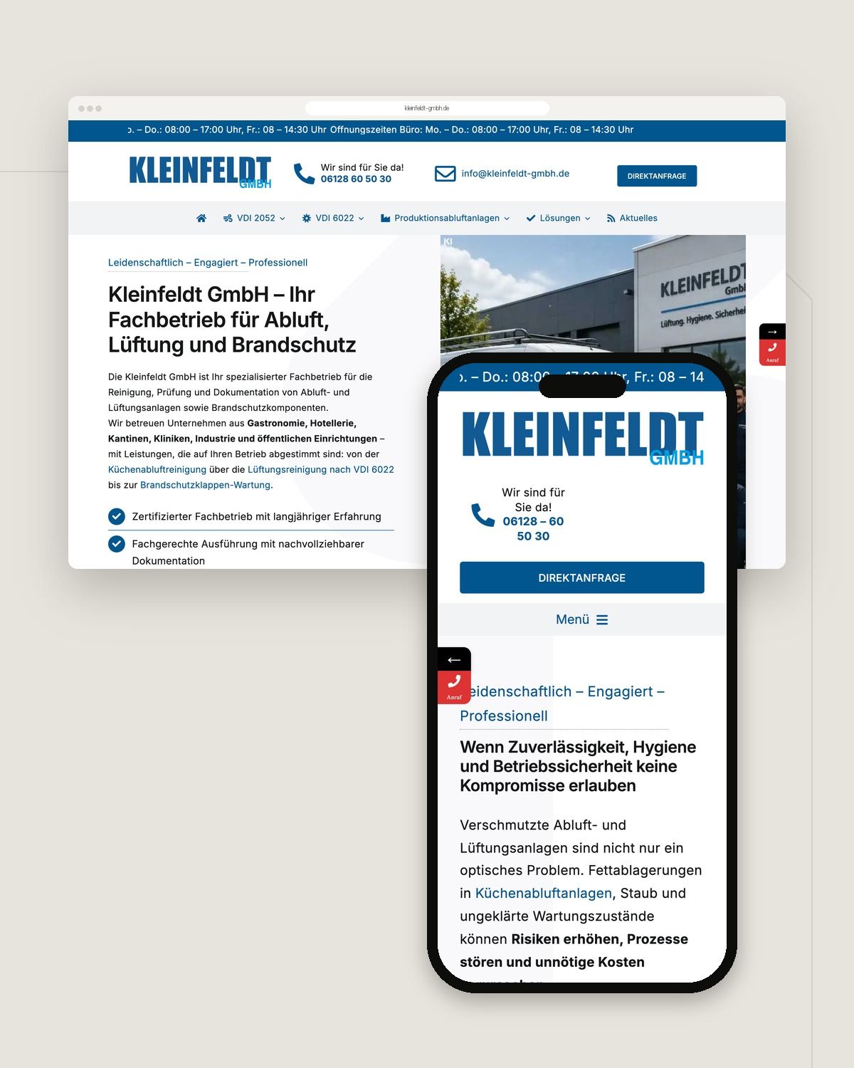 Website Kleinfeldt GmbH im Browser und auf dem Smartphone
