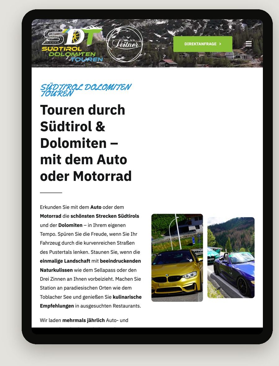 Tablet-Ansicht der Website Südtirol Dolomiten Touren