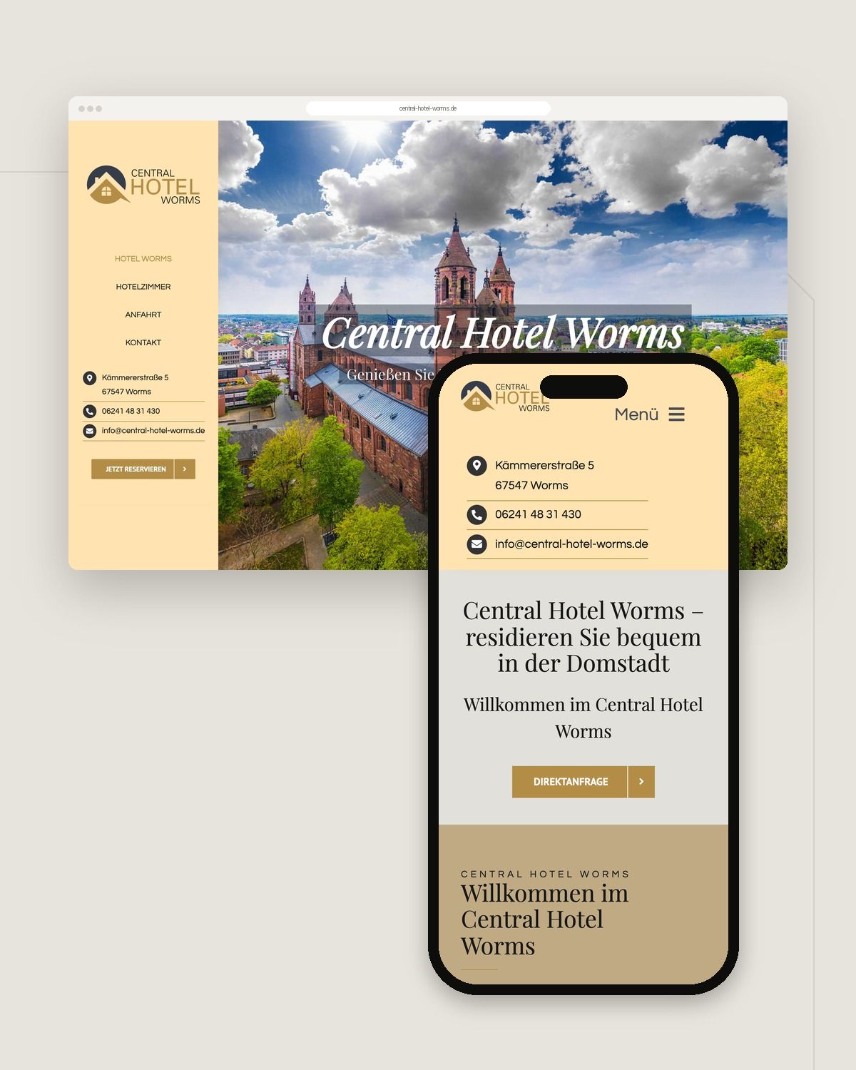 Website von Central Hotel Worms in der Desktop- und der Smartphone-Ansicht