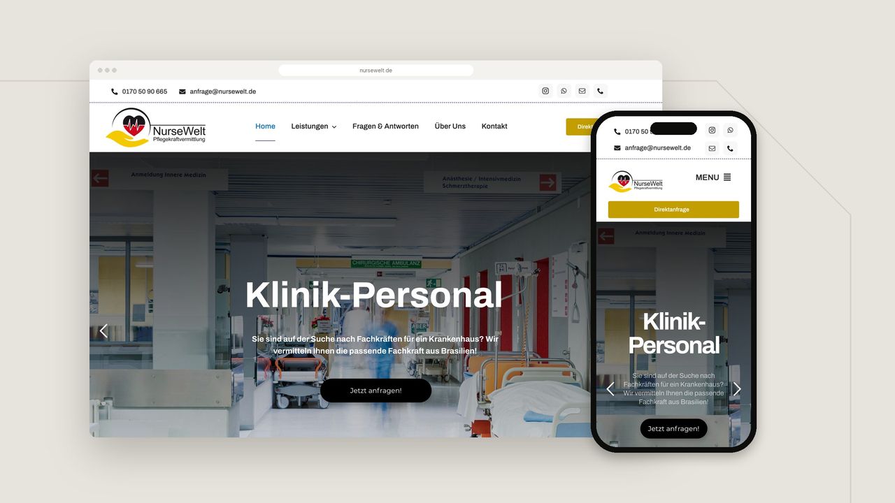 Startseite der Website von NurseWelt GmbH auf Bildschirm und Smartphone