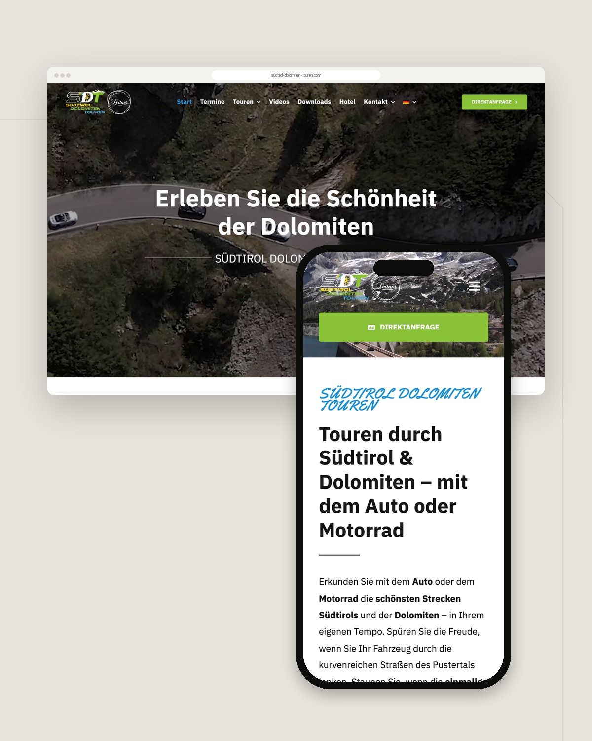 Website von Südtirol Dolomiten Touren in der Desktop- und der Smartphone-Ansicht