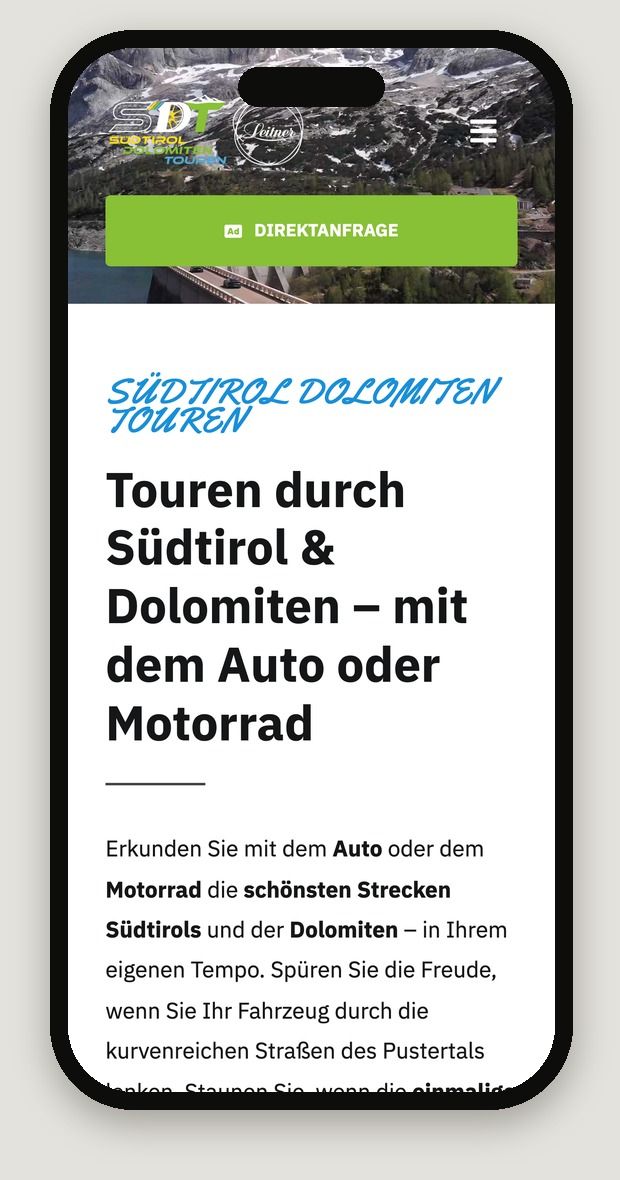 Smartphone-Ansicht der Website von Südtirol Dolomiten Touren