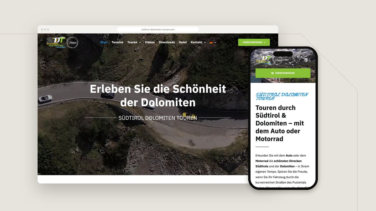 Startseite der Website von Südtirol Dolomiten Touren auf Bildschirm und Smartphone