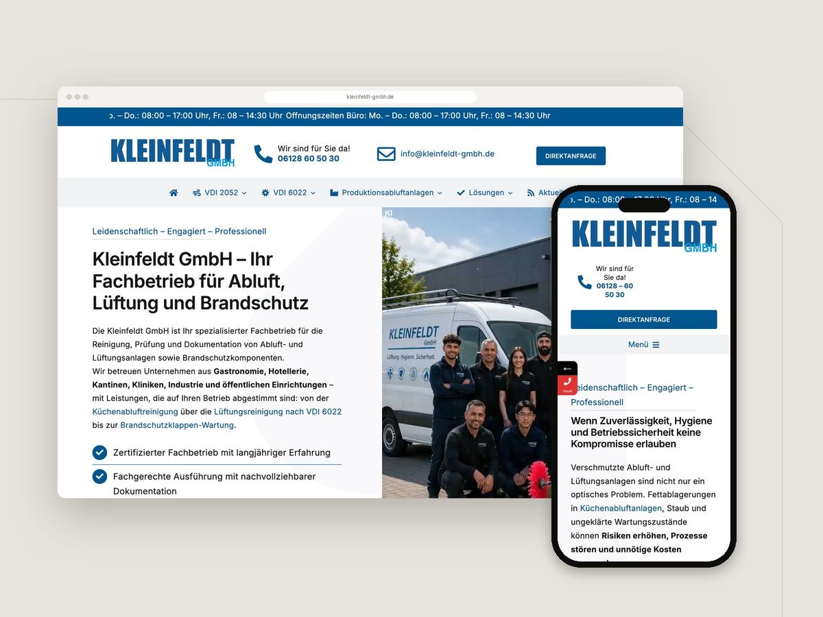 Website Kleinfeldt GmbH im Browser und auf dem Smartphone