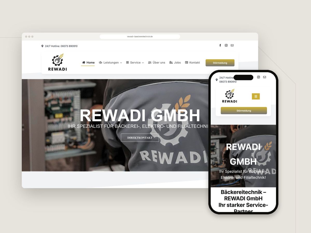 Website für Bäckereitechnik REWADI (Dienstleistung) im Browser und auf dem Smartphone
