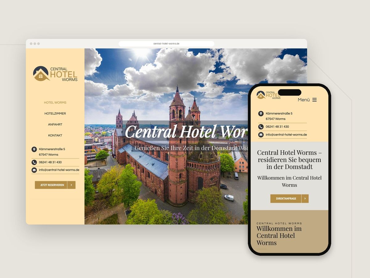 Website für Central Hotel Worms (Hotel & Gastronomie) im Browser und auf dem Smartphone