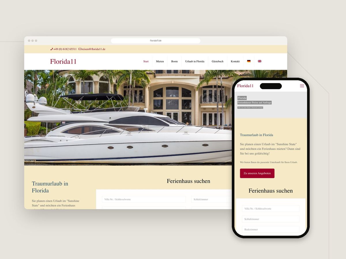 Website für Ferienhäuser in Florida (Hotel & Gastronomie) im Browser und auf dem Smartphone