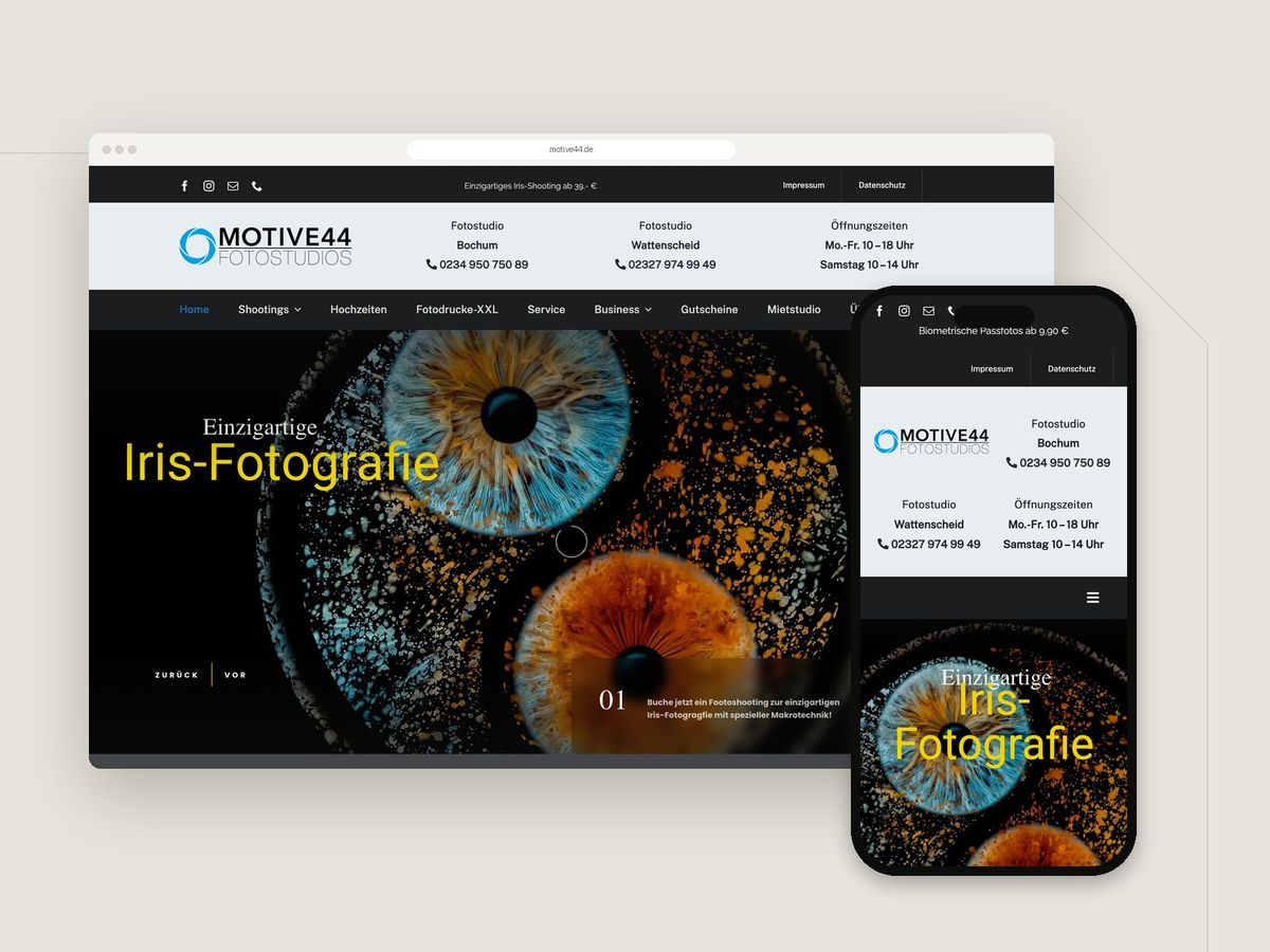 Website für MOTIVE44 Fotostudio Bochum (Dienstleistung) im Browser und auf dem Smartphone