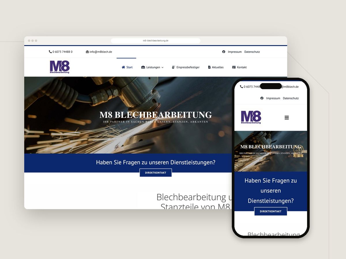 Website für M8 Blechbearbeitung (Industrie & Metall) im Browser und auf dem Smartphone