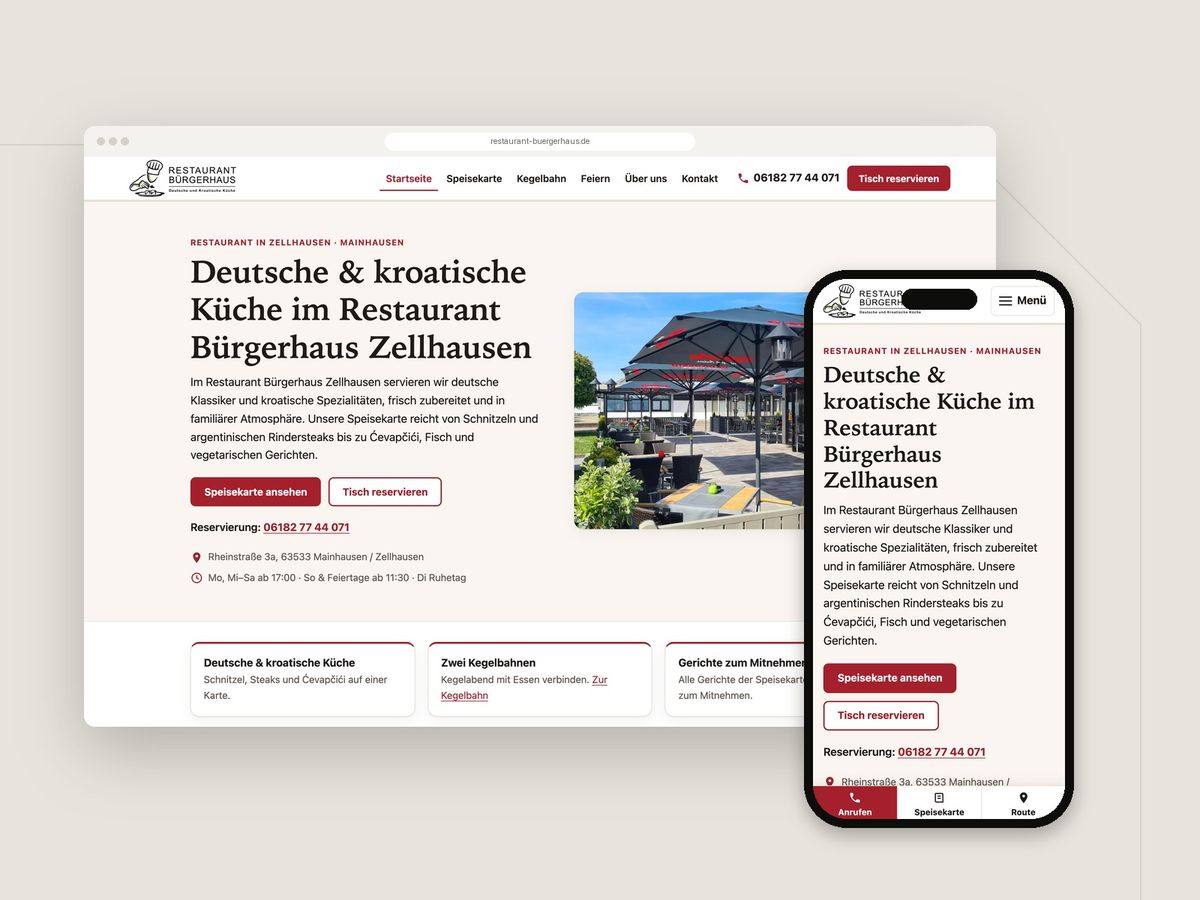 Website für Restaurant Bürgerhaus Zellhausen (Hotel & Gastronomie) im Browser und auf dem Smartphone