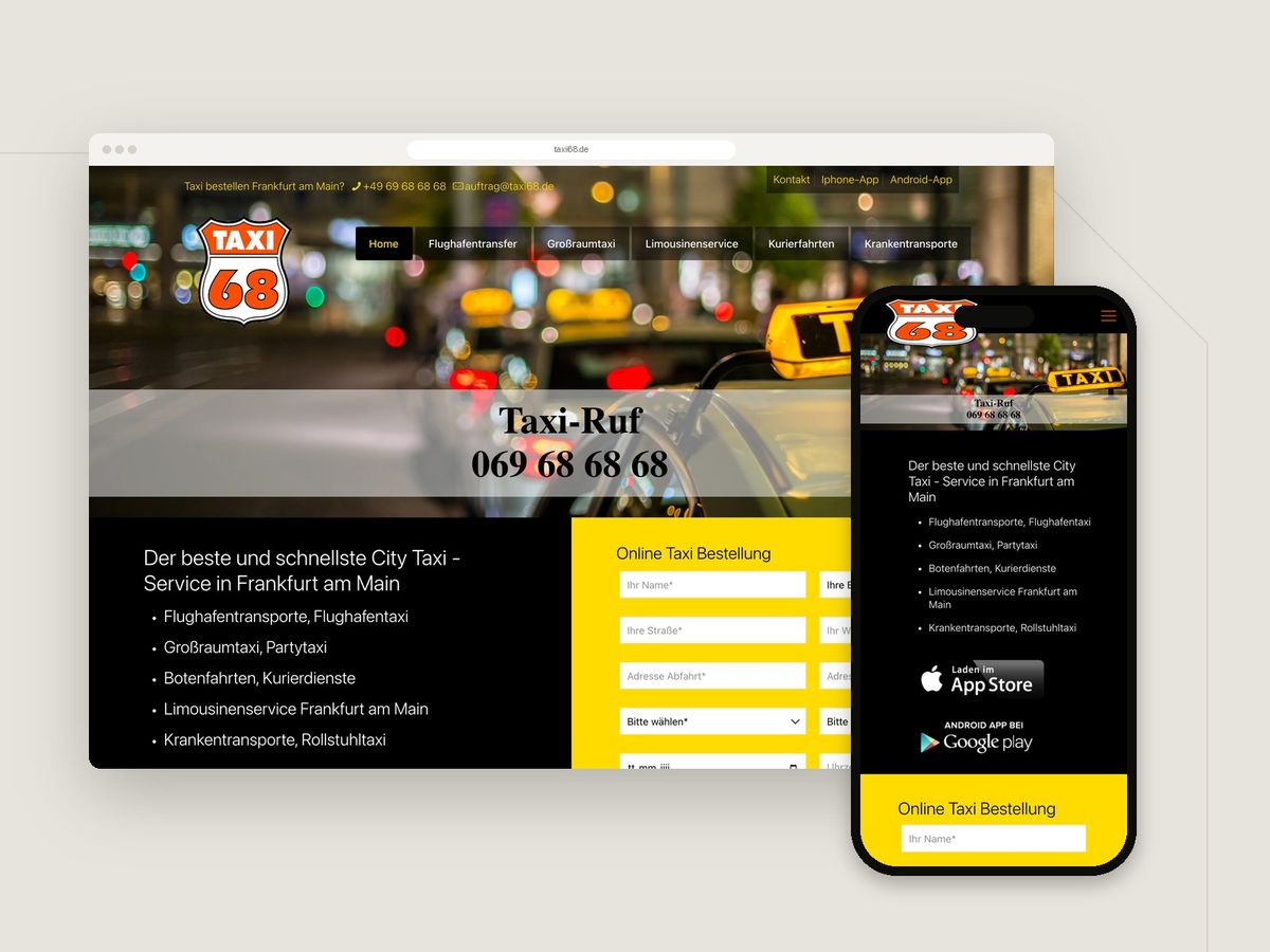Website für Taxi68 Frankfurt (Dienstleistung) im Browser und auf dem Smartphone
