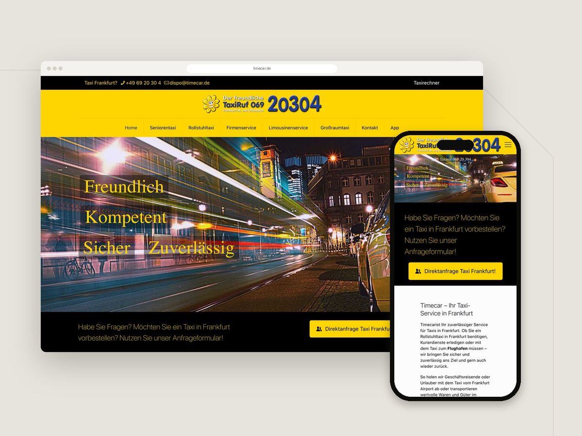 Website für Timecar Taxi Frankfurt (Dienstleistung) im Browser und auf dem Smartphone