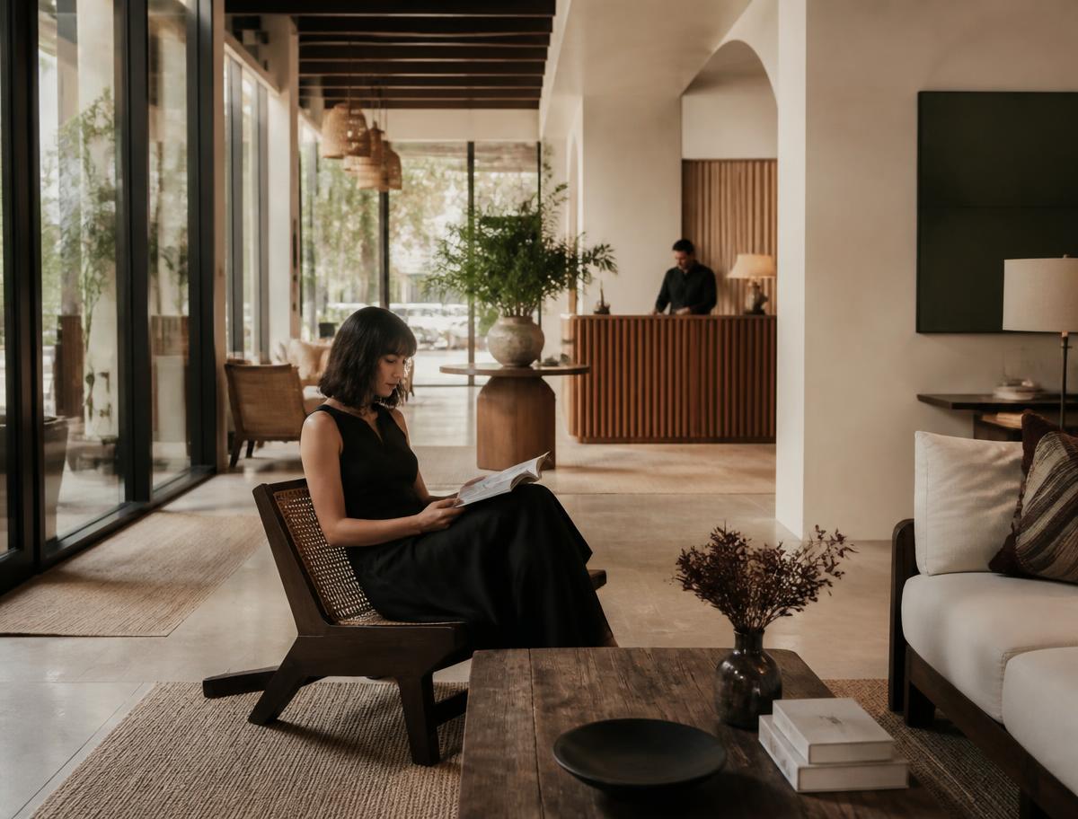 Ruhige Lobby eines Boutique-Hotels mit Tageslicht