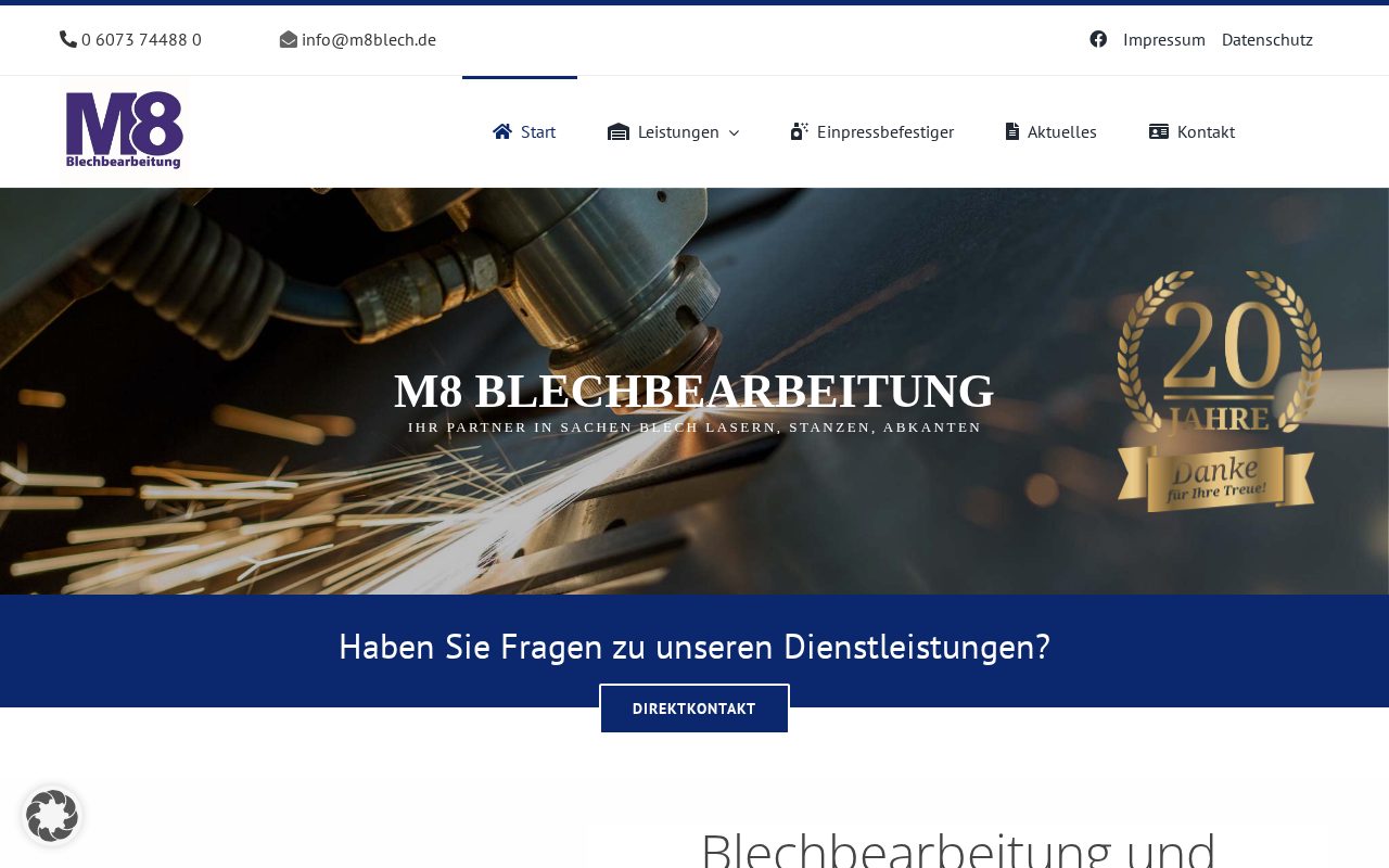 Startseite der Website von M8-Blechbearbeitung