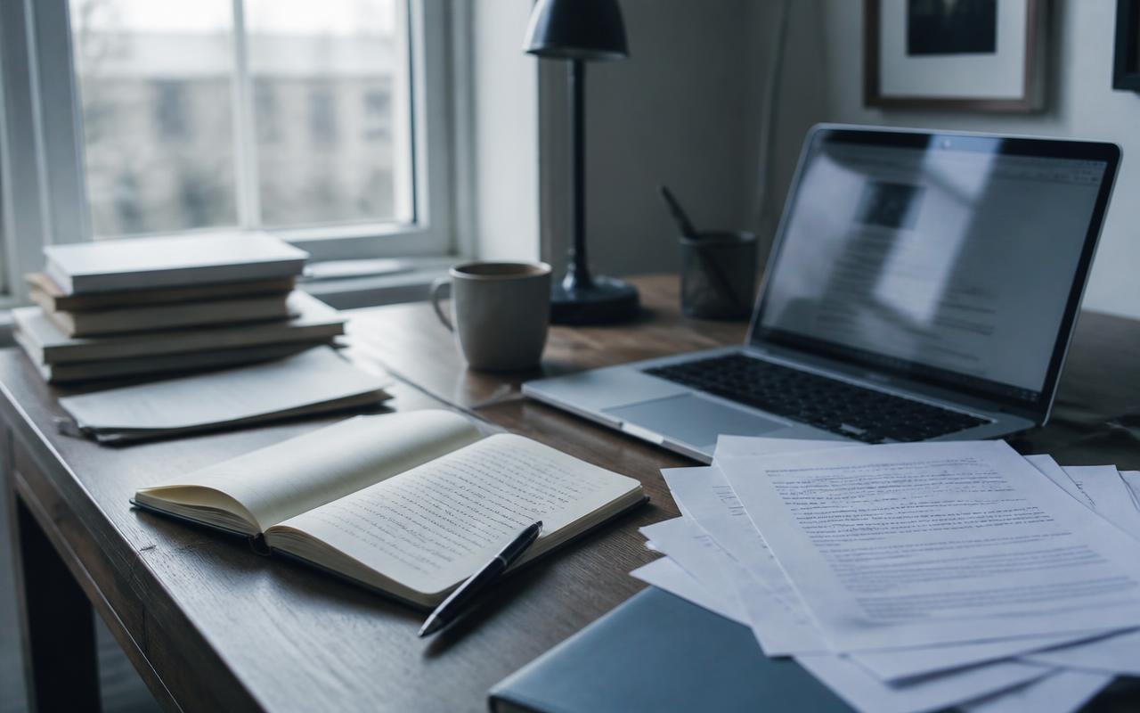 Schreibtisch mit aufgeschlagenem Notizbuch, ausgedruckten Textentwürfen und Laptop am Fenster