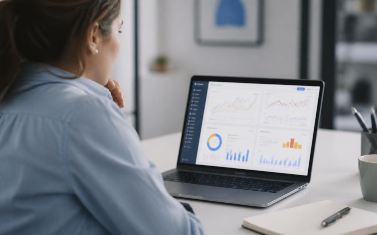 Mitarbeiterin wertet am Laptop eine Kampagnenübersicht mit Diagrammen aus, helles Büro