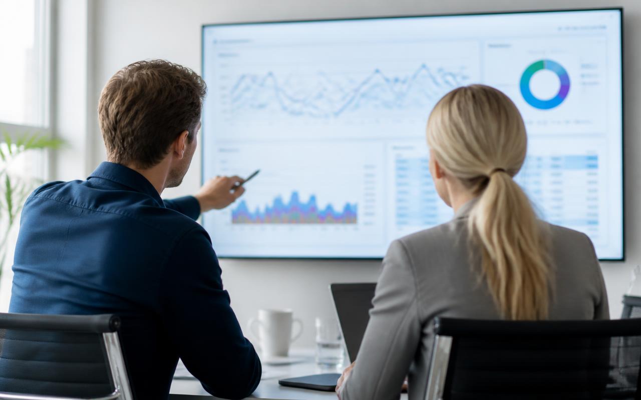 Zwei Personen analysieren Suchperformance-Diagramme auf einem großen Bildschirm im Besprechungsraum