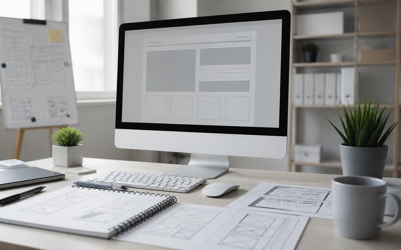 Designer-Arbeitsplatz mit Monitor, auf dem ein Website-Wireframe zu sehen ist, und Skizzen auf Papier