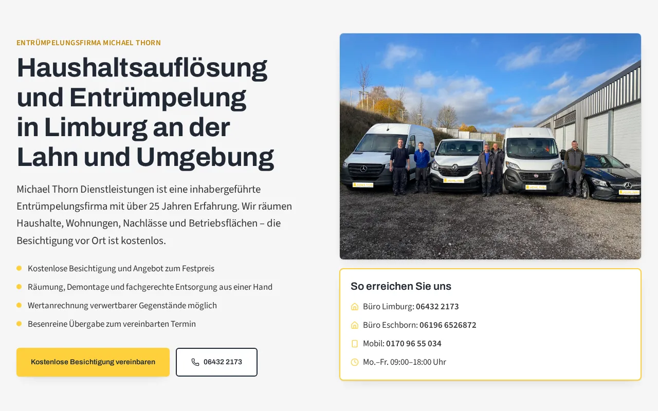 Startseite der Website von Haushaltsauflösung Profi (Thorn Dienstleistungen) auf einem Laptop dargestellt