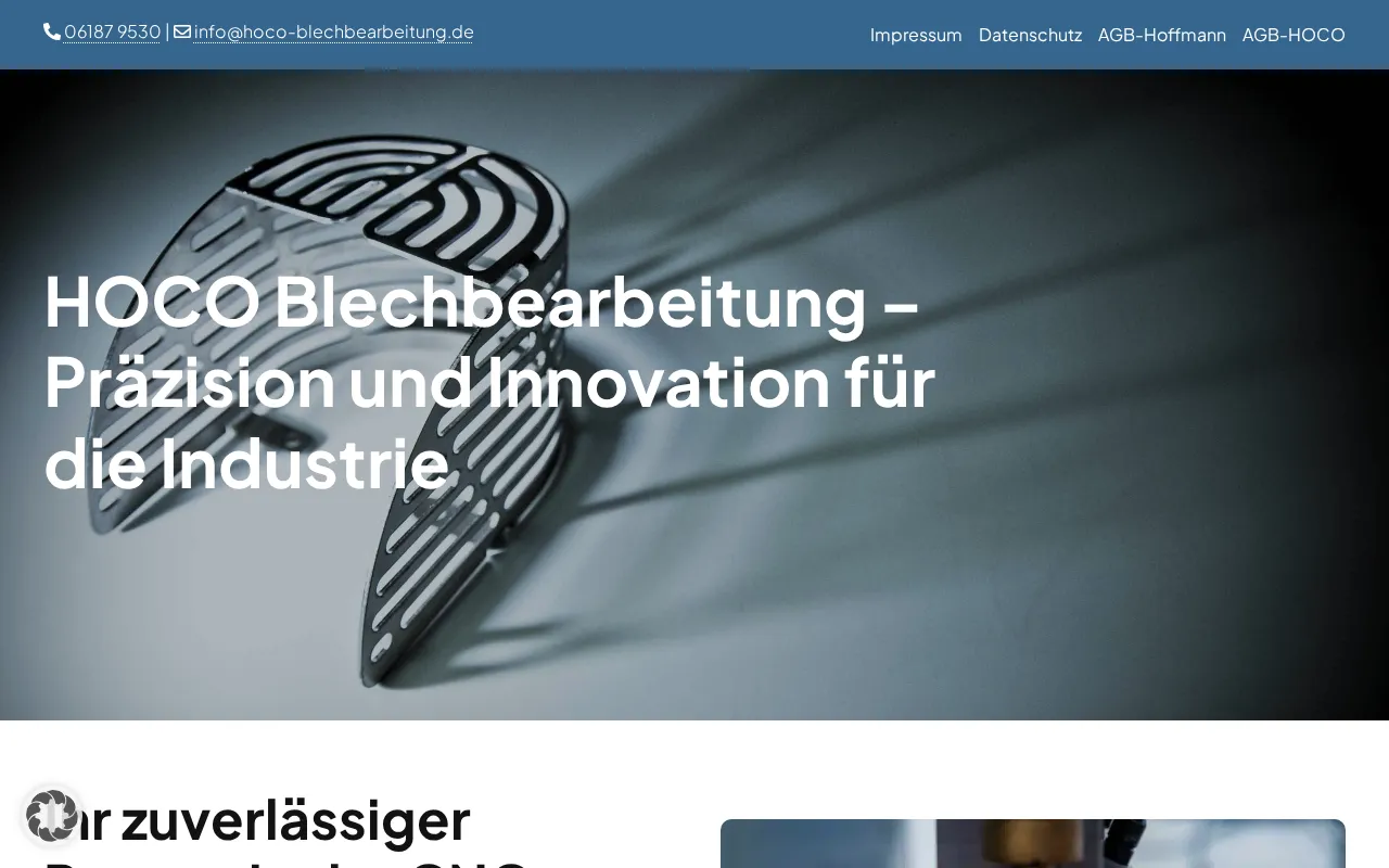 Startseite der Website von HOCO Blechbearbeitung
