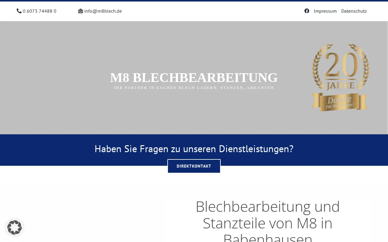 Startseite der Website von M8-Blechbearbeitung
